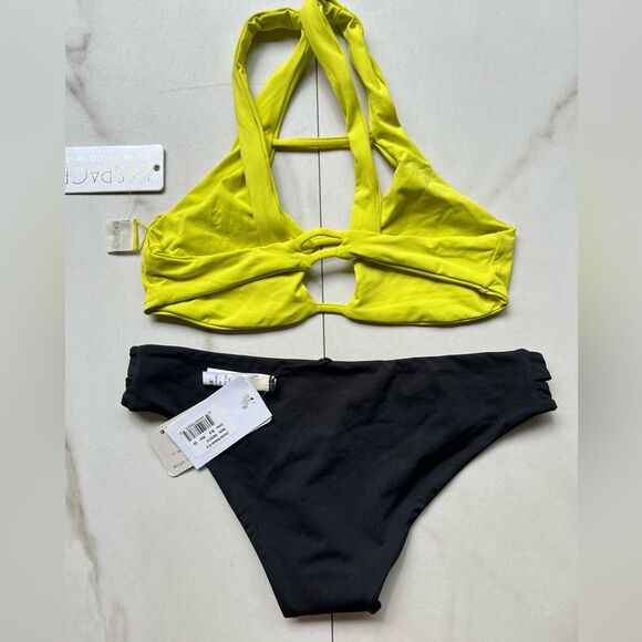 Nwt l*space Estella black bottom neon yellow halter top - Picture 2 of 3